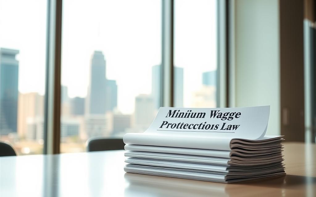 A Bright And Airy Office Setting, With A Large Window Overlooking A Bustling City Skyline. On The Desk, A Stack Of Legal Documents Labeled &Quot;Minimum Wage Protections Law&Quot; Sits Prominently, Illuminated By The Natural Light. The Scene Conveys A Sense Of Professionalism And Authority, Suggesting The Importance Of Workers' Rights And Labor Standards. The Lighting Is Soft And Evenly Distributed, Creating A Warm And Inviting Atmosphere. The Camera Angle Is Slightly Elevated, Giving The Viewer A Sense Of The Comprehensive Nature Of The Legislation. Overall, The Image Aims To Visually Represent The Core Themes Of The &Quot;Your Rights Under The Labor Standards Act&Quot; Section. A Bright And Airy Office Setting, With A Large Window Overlooking A Bustling City Skyline. On The Desk, A Stack Of Legal Documents Labeled &Quot;Minimum Wage Protections Law&Quot; Sits Prominently, Illuminated By The Natural Light. The Scene Conveys A Sense Of Professionalism And Authority, Suggesting The Importance Of Workers' Rights And Labor Standards. The Lighting Is Soft And Evenly Distributed, Creating A Warm And Inviting Atmosphere. The Camera Angle Is Slightly Elevated, Giving The Viewer A Sense Of The Comprehensive Nature Of The Legislation. Overall, The Image Aims To Visually Represent The Core Themes Of The &Quot;Your Rights Under The Labor Standards Act&Quot; Section.