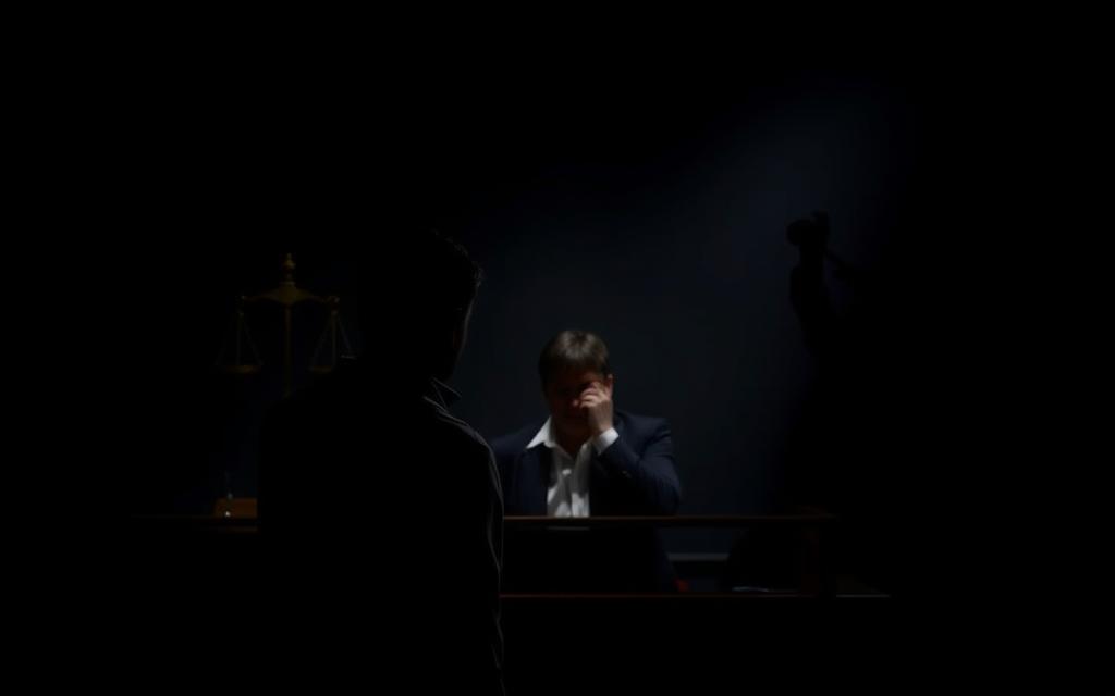 A Dimly Lit Courtroom, The Defendant Standing Before A Stern-Faced Judge. Shadows Cast Across The Room, Creating An Atmosphere Of Tension And Unease. The Defendant'S Eyes Downcast, Their Body Language Conveying A Sense Of Resignation. In The Background, The Scales Of Justice Hang, A Stark Reminder Of The Consequences That Loom. The Lighting Is Dramatic, With A Single Spotlight Illuminating The Defendant, Casting Dramatic Shadows That Heighten The Sense Of Foreboding. The Camera Angle Is Slightly Elevated, Adding To The Imposing Presence Of The Judge. The Overall Mood Is Somber, Conveying The Gravity Of The Situation And The Potential Consequences The Defendant Faces For A Probation Violation. A Dimly Lit Courtroom, The Defendant Standing Before A Stern-Faced Judge. Shadows Cast Across The Room, Creating An Atmosphere Of Tension And Unease. The Defendant'S Eyes Downcast, Their Body Language Conveying A Sense Of Resignation. In The Background, The Scales Of Justice Hang, A Stark Reminder Of The Consequences That Loom. The Lighting Is Dramatic, With A Single Spotlight Illuminating The Defendant, Casting Dramatic Shadows That Heighten The Sense Of Foreboding. The Camera Angle Is Slightly Elevated, Adding To The Imposing Presence Of The Judge. The Overall Mood Is Somber, Conveying The Gravity Of The Situation And The Potential Consequences The Defendant Faces For A Probation Violation.