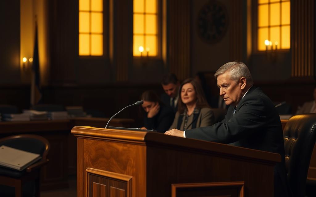 A Somber And Pensive Courtroom Scene, Dimly Lit By Warm, Golden Lighting From Tall Windows. In The Foreground, A Wooden Podium Stands, Symbolizing The Weight Of Legal Proceedings. Sitting At The Bench, A Serious-Faced Judge Peers Down, While In The Middle Ground, A Grieving Family Is Gathered, Their Expressions Conveying The Pain And Anguish Of A Wrongful Death Claim. The Background Fades Into Shadowy Silhouettes Of Legal Documents And Case Files, Hinting At The Complexities Of The Legal System. The Atmosphere Is One Of Solemnity And Gravity, Reflecting The Gravity Of The Situation. A Somber And Pensive Courtroom Scene, Dimly Lit By Warm, Golden Lighting From Tall Windows. In The Foreground, A Wooden Podium Stands, Symbolizing The Weight Of Legal Proceedings. Sitting At The Bench, A Serious-Faced Judge Peers Down, While In The Middle Ground, A Grieving Family Is Gathered, Their Expressions Conveying The Pain And Anguish Of A Wrongful Death Claim. The Background Fades Into Shadowy Silhouettes Of Legal Documents And Case Files, Hinting At The Complexities Of The Legal System. The Atmosphere Is One Of Solemnity And Gravity, Reflecting The Gravity Of The Situation.