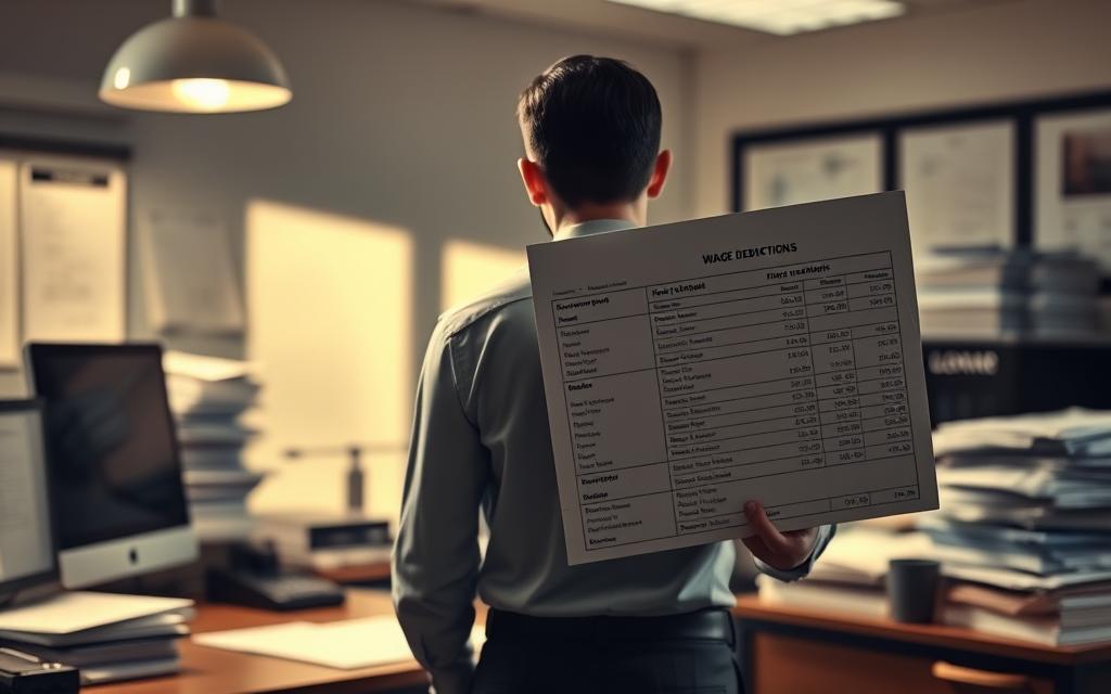 An Office Interior With A Desk, Computer, And Stacks Of Paperwork. A Human Figure, Representing An Employee, Stands Before The Desk, Their Expression One Of Concern As They Review A Detailed Pay Stub Showcasing Various Wage Deductions. Soft, Directional Lighting Illuminates The Scene, Casting Subtle Shadows That Add Depth And Drama. The Background Is Slightly Blurred, Keeping The Focus On The Central Figures And Financial Documents. An Atmosphere Of Unease And Uncertainty Pervades The Setting, Reflecting The Tension And Uncertainty Surrounding Legal Wage Withholding. An Office Interior With A Desk, Computer, And Stacks Of Paperwork. A Human Figure, Representing An Employee, Stands Before The Desk, Their Expression One Of Concern As They Review A Detailed Pay Stub Showcasing Various Wage Deductions. Soft, Directional Lighting Illuminates The Scene, Casting Subtle Shadows That Add Depth And Drama. The Background Is Slightly Blurred, Keeping The Focus On The Central Figures And Financial Documents. An Atmosphere Of Unease And Uncertainty Pervades The Setting, Reflecting The Tension And Uncertainty Surrounding Legal Wage Withholding.