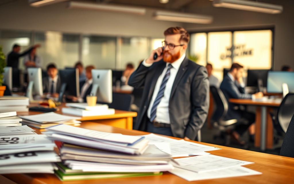 A Busy Office Scene With A Desk In The Foreground, Papers And Documents Scattered Across It. In The Middle Ground, A Worker In A Suit Talking On A Phone, Gesturing Animatedly. Behind Them, Several Other Workers Seated At Desks, Focused On Their Computer Screens. The Lighting Is Warm And Natural, Creating A Sense Of Productivity And Professionalism. The Overall Atmosphere Conveys The Efficient And Organized Nature Of The Workers' Compensation Claims Process. A Busy Office Scene With A Desk In The Foreground, Papers And Documents Scattered Across It. In The Middle Ground, A Worker In A Suit Talking On A Phone, Gesturing Animatedly. Behind Them, Several Other Workers Seated At Desks, Focused On Their Computer Screens. The Lighting Is Warm And Natural, Creating A Sense Of Productivity And Professionalism. The Overall Atmosphere Conveys The Efficient And Organized Nature Of The Workers' Compensation Claims Process.